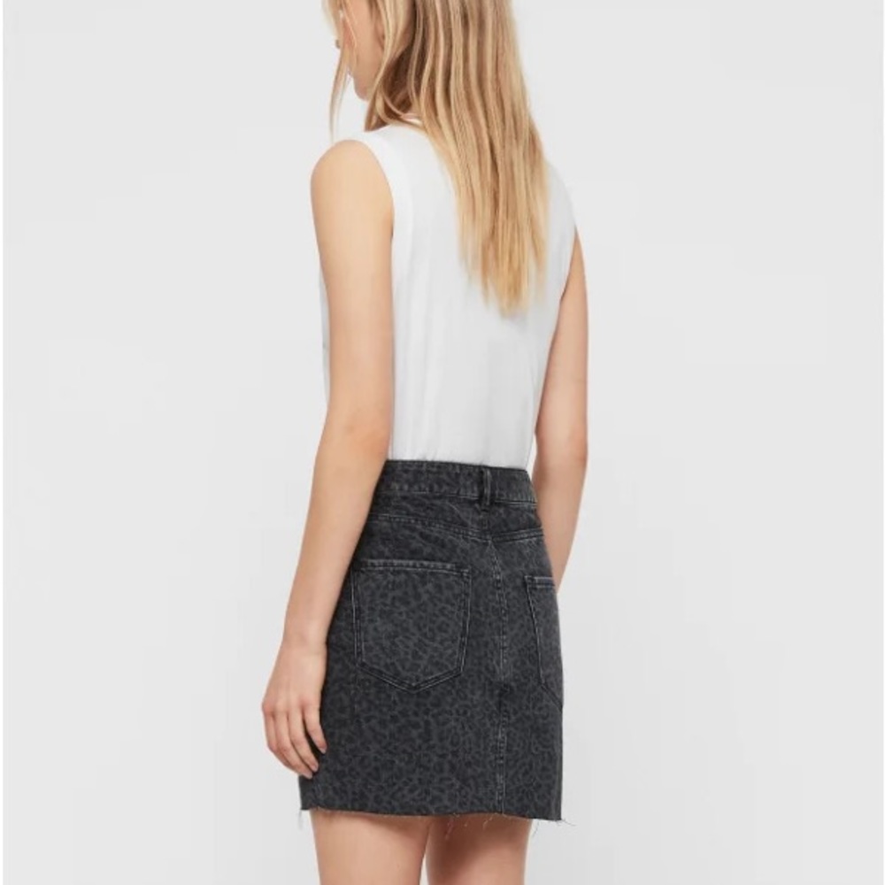 All Saints Black Leopard Print Denim Mini Skirt
